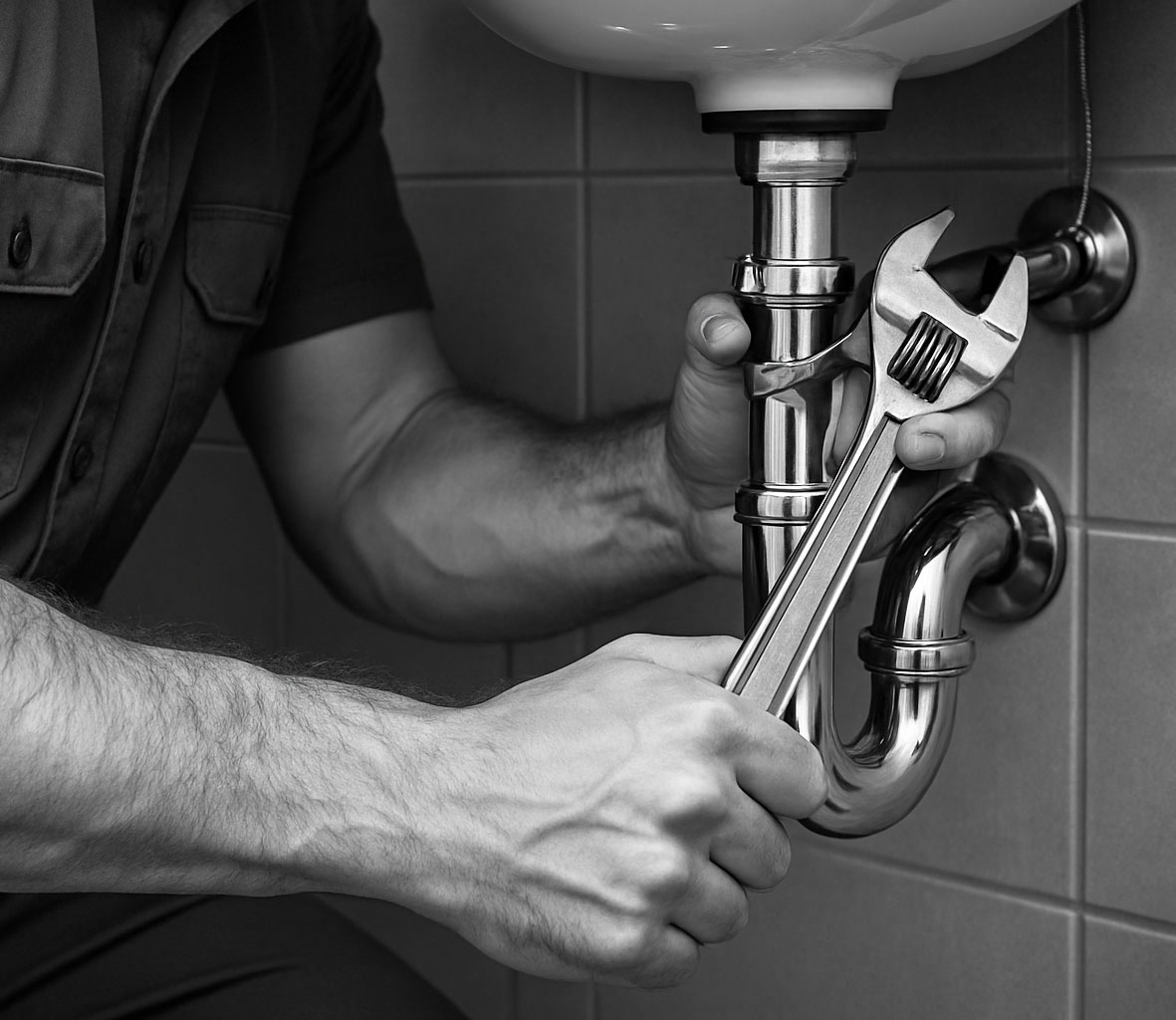 Professional plumber fixing sink pipes with wrench